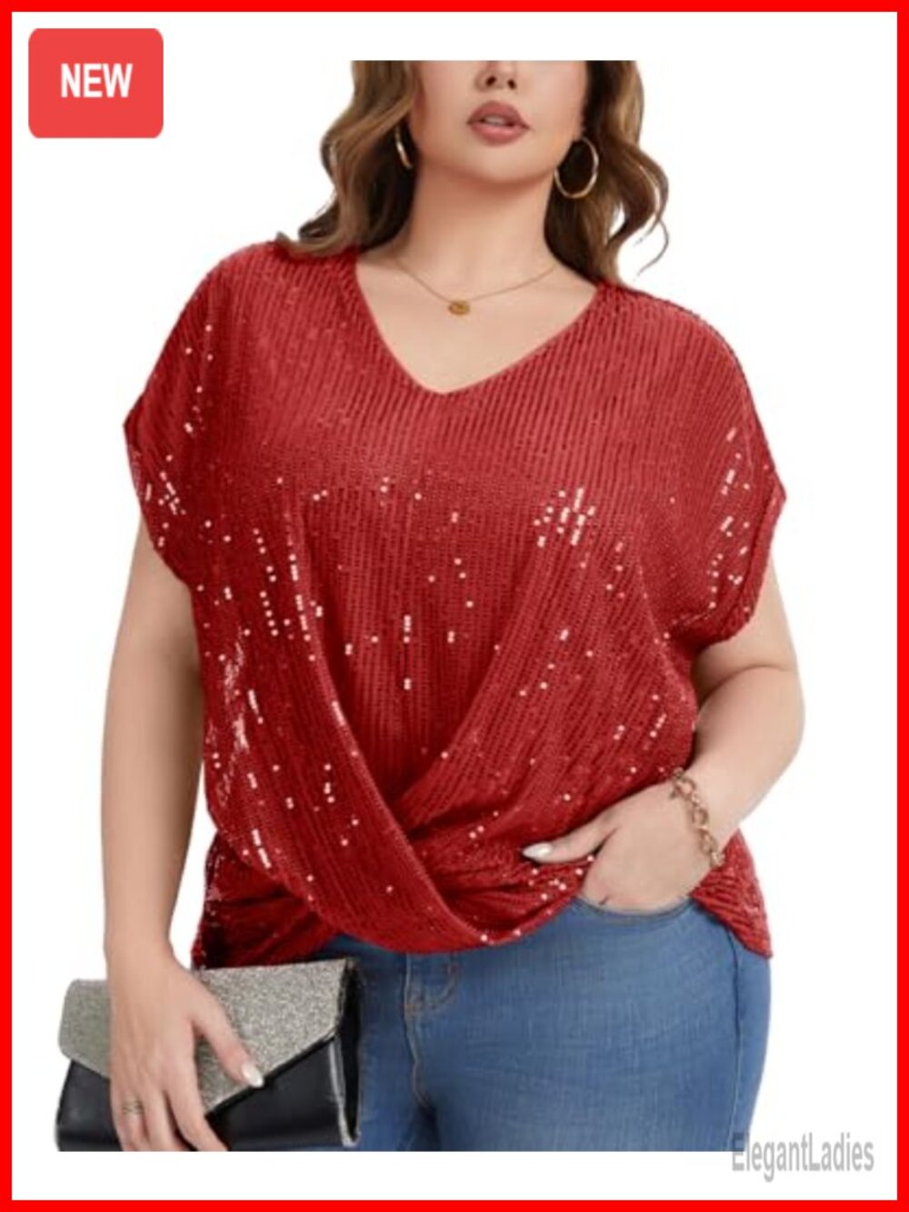 Plus Size Sequin V-Neck Batwing Sleeve Top